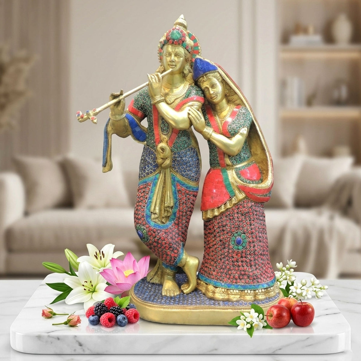 Brass Showpiece Radha Krishna God Idol Statue - 14*7*23 Inch (BS399 P)