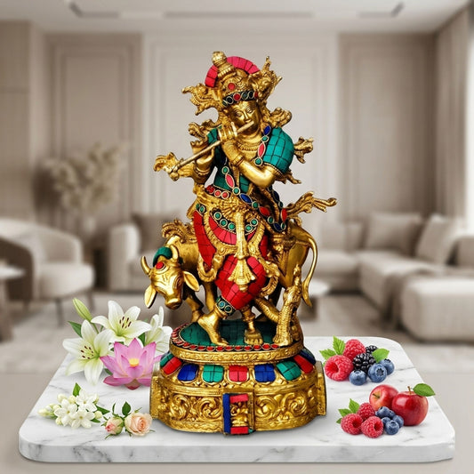 Brass Cow Krishna Stone idol-5.5*6*12.5 (BS431)