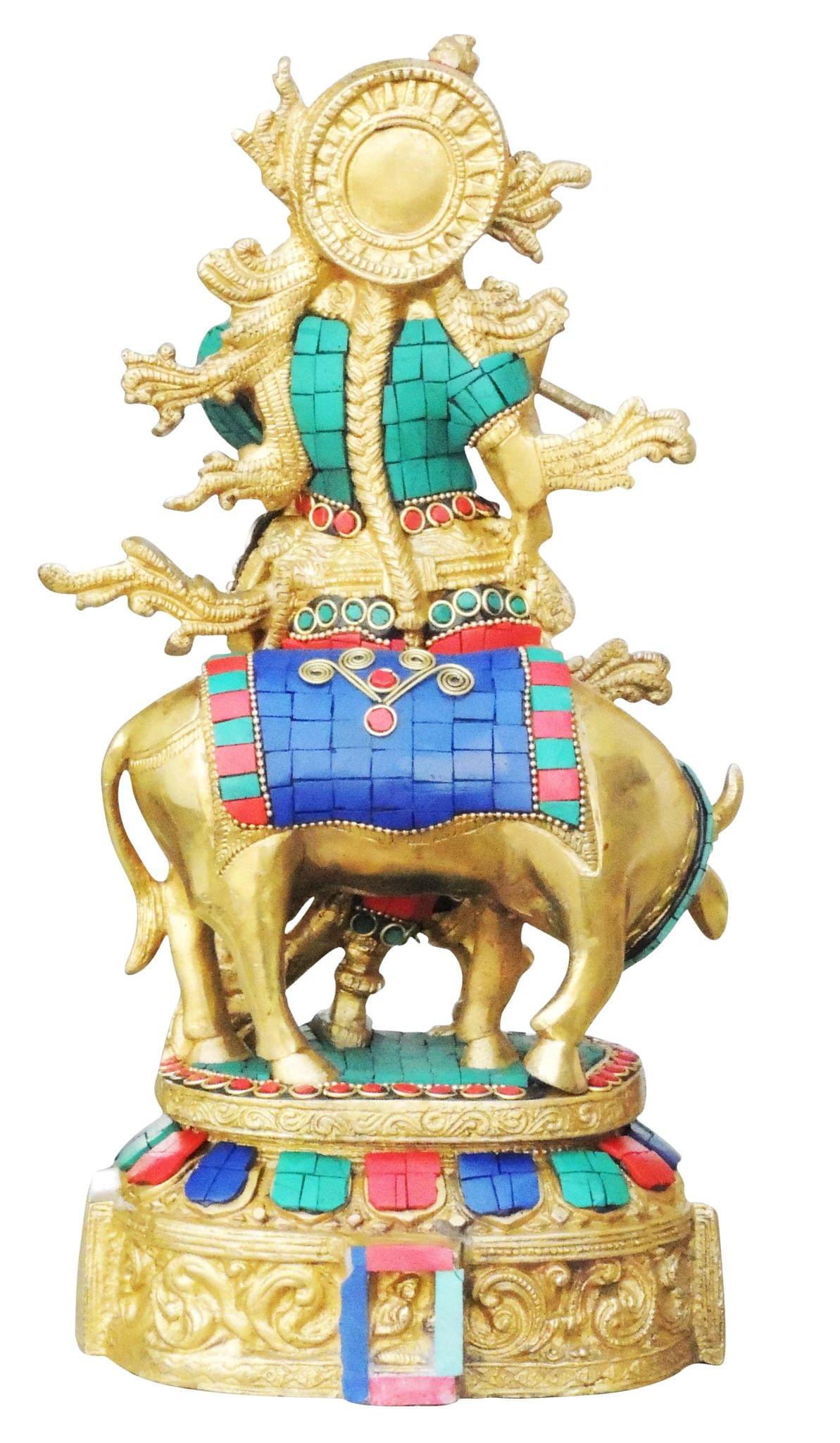Brass Cow Krishna Stone idol-5.5*6*12.5 (BS431)