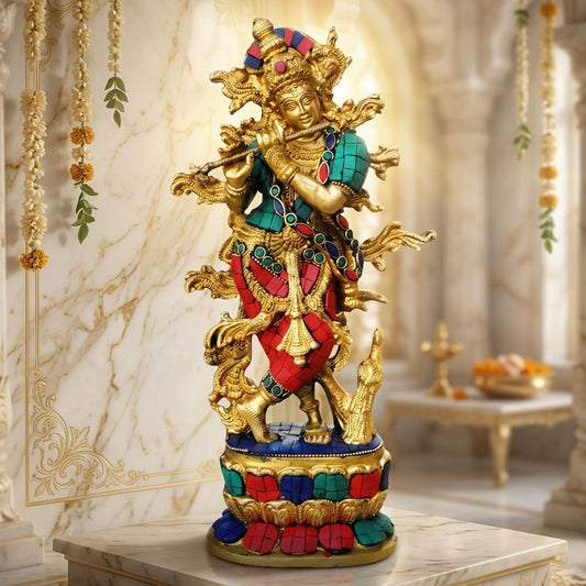 Brass Krishna Stone idol-3.5*4.5*12 (BS432)