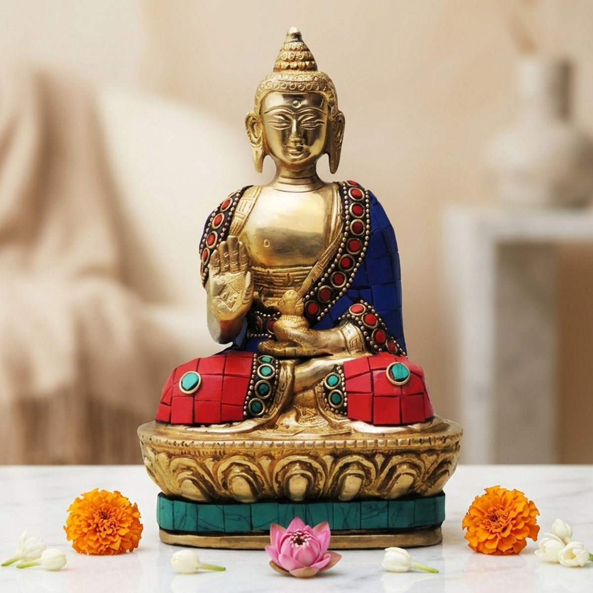 Brass Showpiece Budha Stone Statue With Turquoise Coral Stone Finish - 4*2.5*7 Inch (BS435)