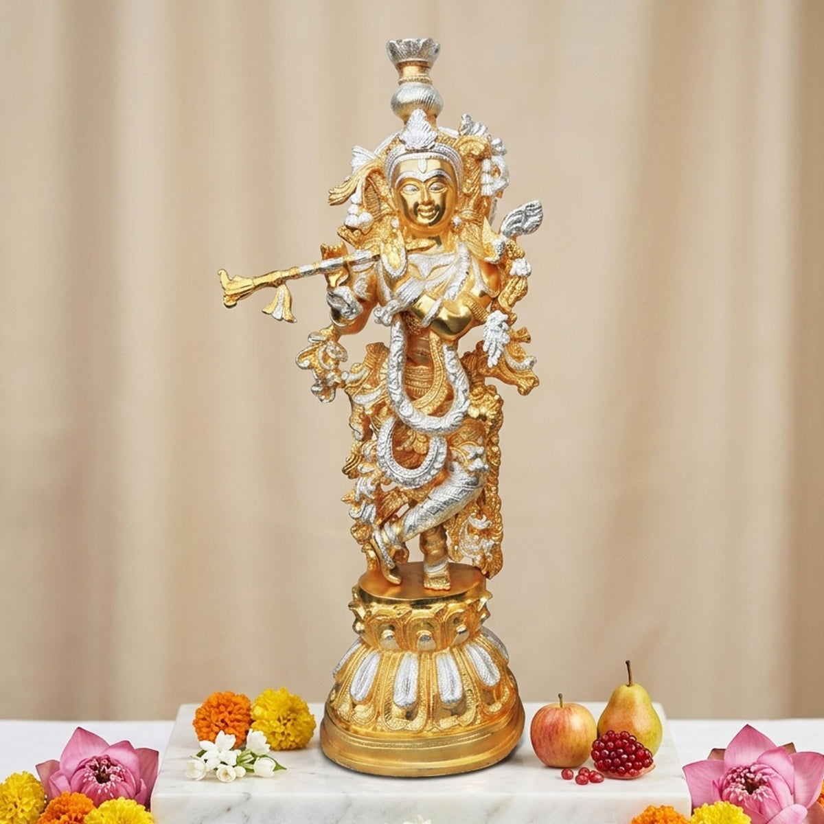 Brass Showpiece Krishna In Two Tone Finish Statue - 8*5.3*21.2 Inch (BS473 A)