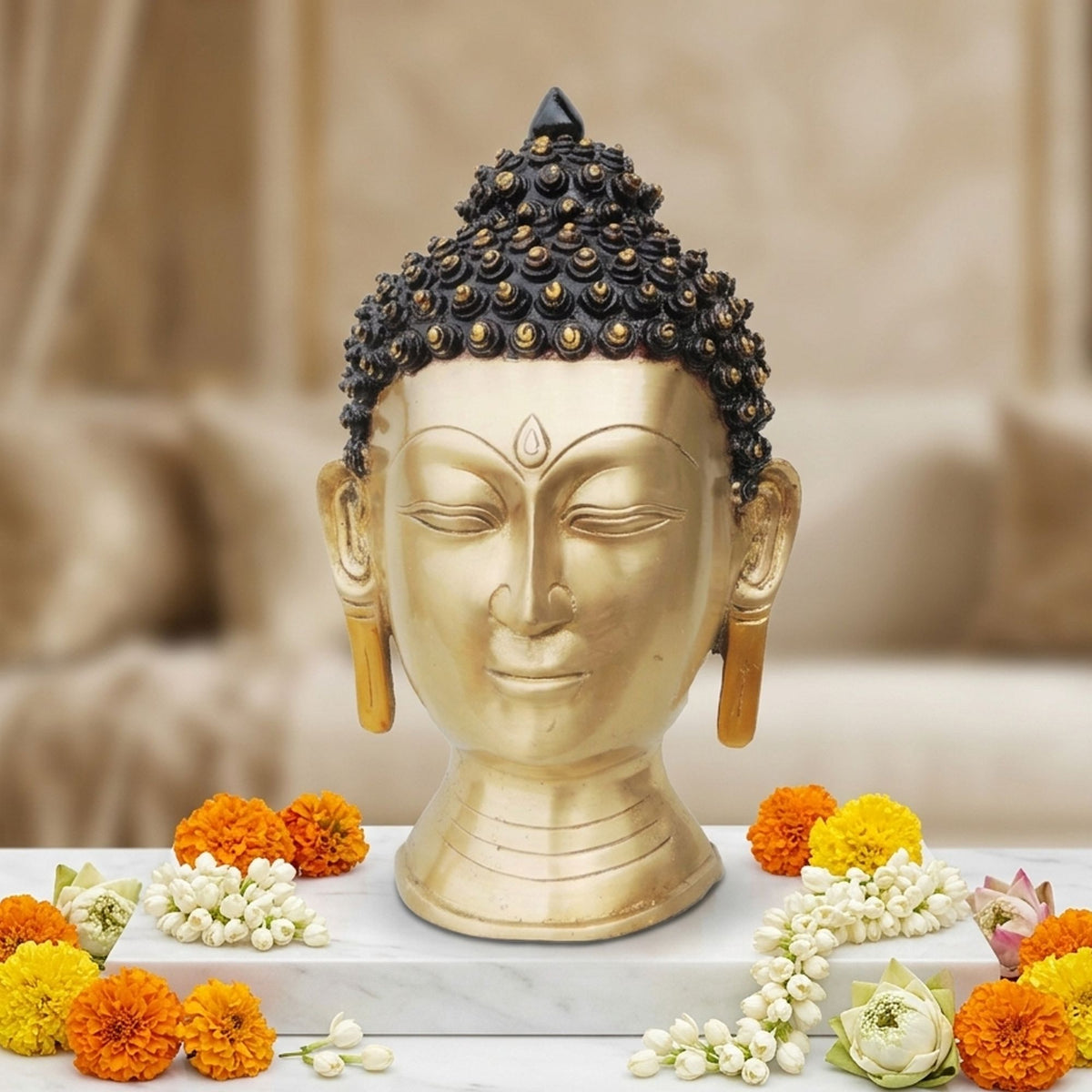 Brass Showpiece Budha Head Statue With Antique Finish - 8.5*7.5*15 Inch (BS581 B)