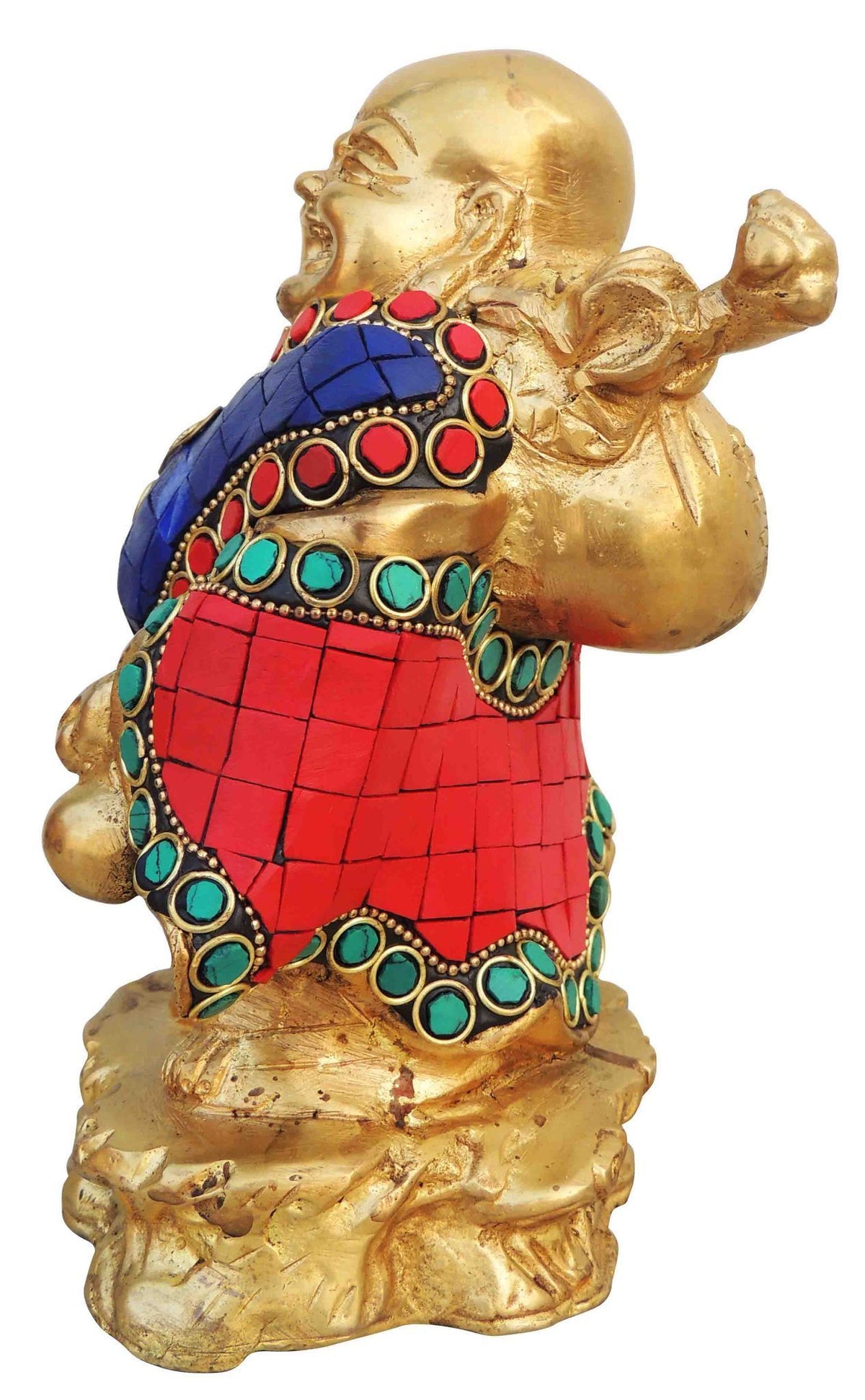 Brass Showpiece Laughing Budha Statue With Turquoise Coral Stone Finish - 5.3*4*7 Inch (BS778 A)