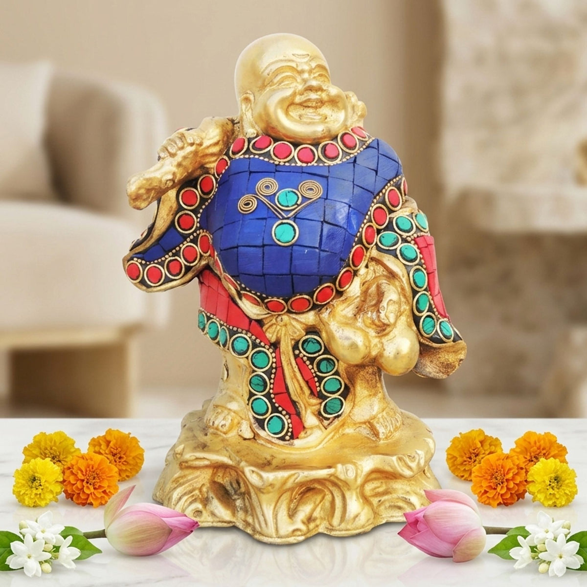 Brass Showpiece Laughing Budha Statue With Turquoise Coral Stone Finish - 5.3*4*7 Inch (BS778 A)