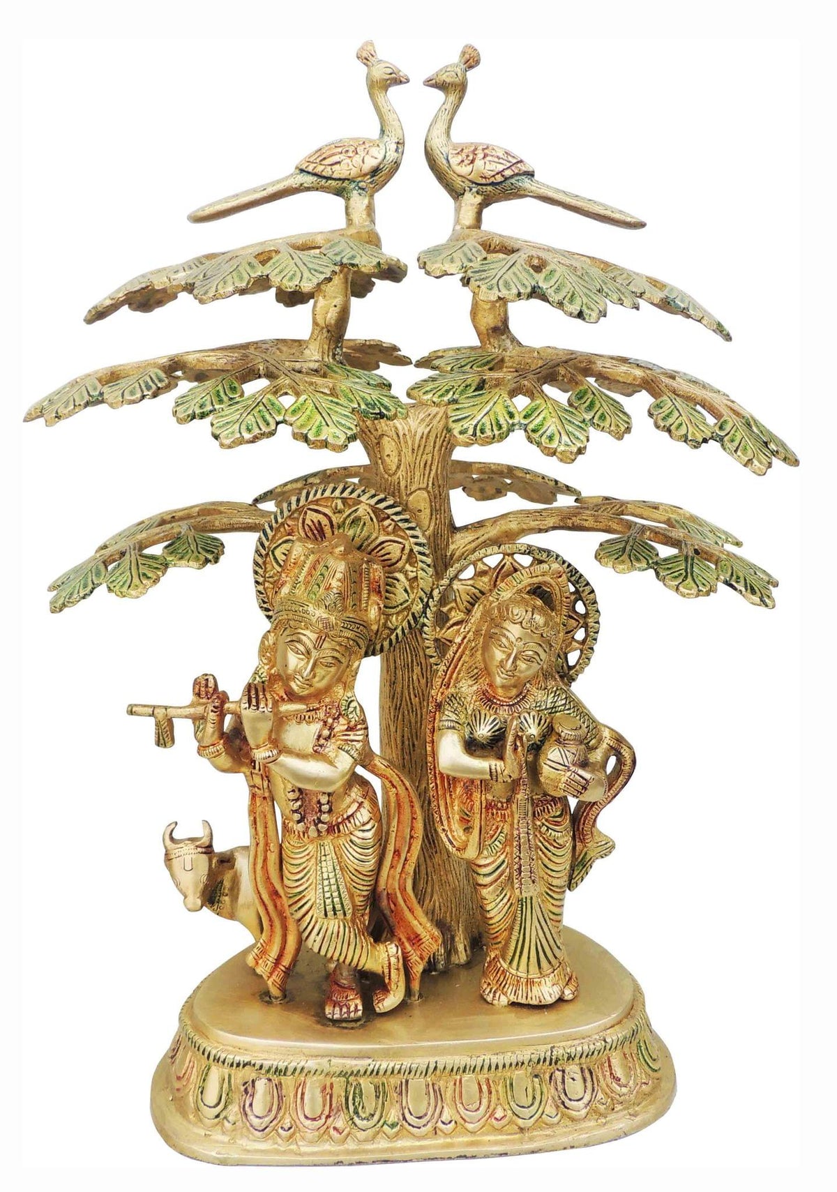 Brass Showpiece Tree radha krishna with cow God Idol Statue  - 11.5*8.5*16.4 inch (BS828 B)
