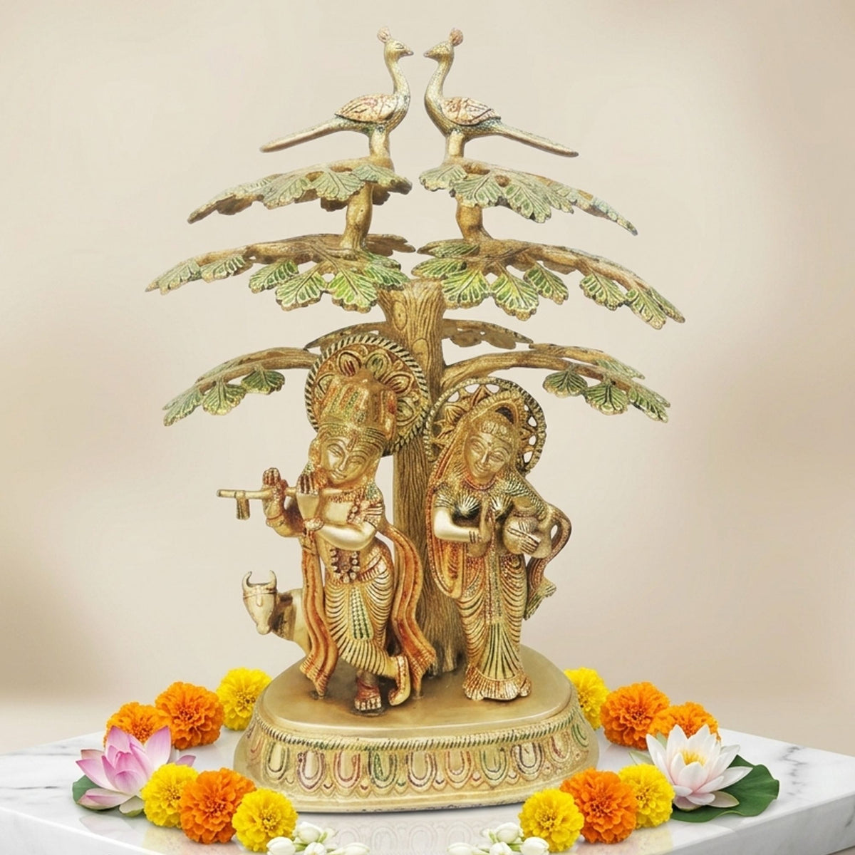 Brass Showpiece Tree radha krishna with cow God Idol Statue  - 11.5*8.5*16.4 inch (BS828 B)