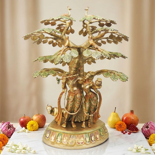 Brass Showpiece Tree Radha krishna with cow God Idol Statue  - 15.5*12.5*19.4 inch (BS828 C)