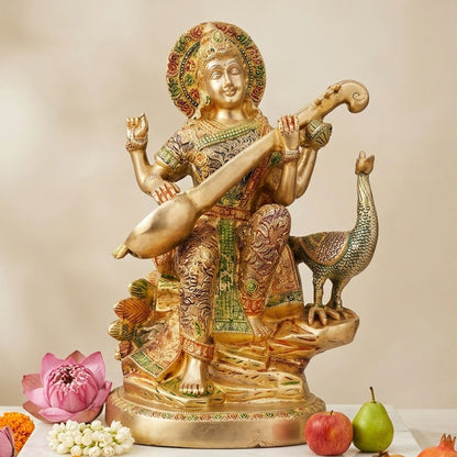 Brass Showpiece Saraswati Colour Statue - 9.2*7.3*15.5 Inch (BS930 A)