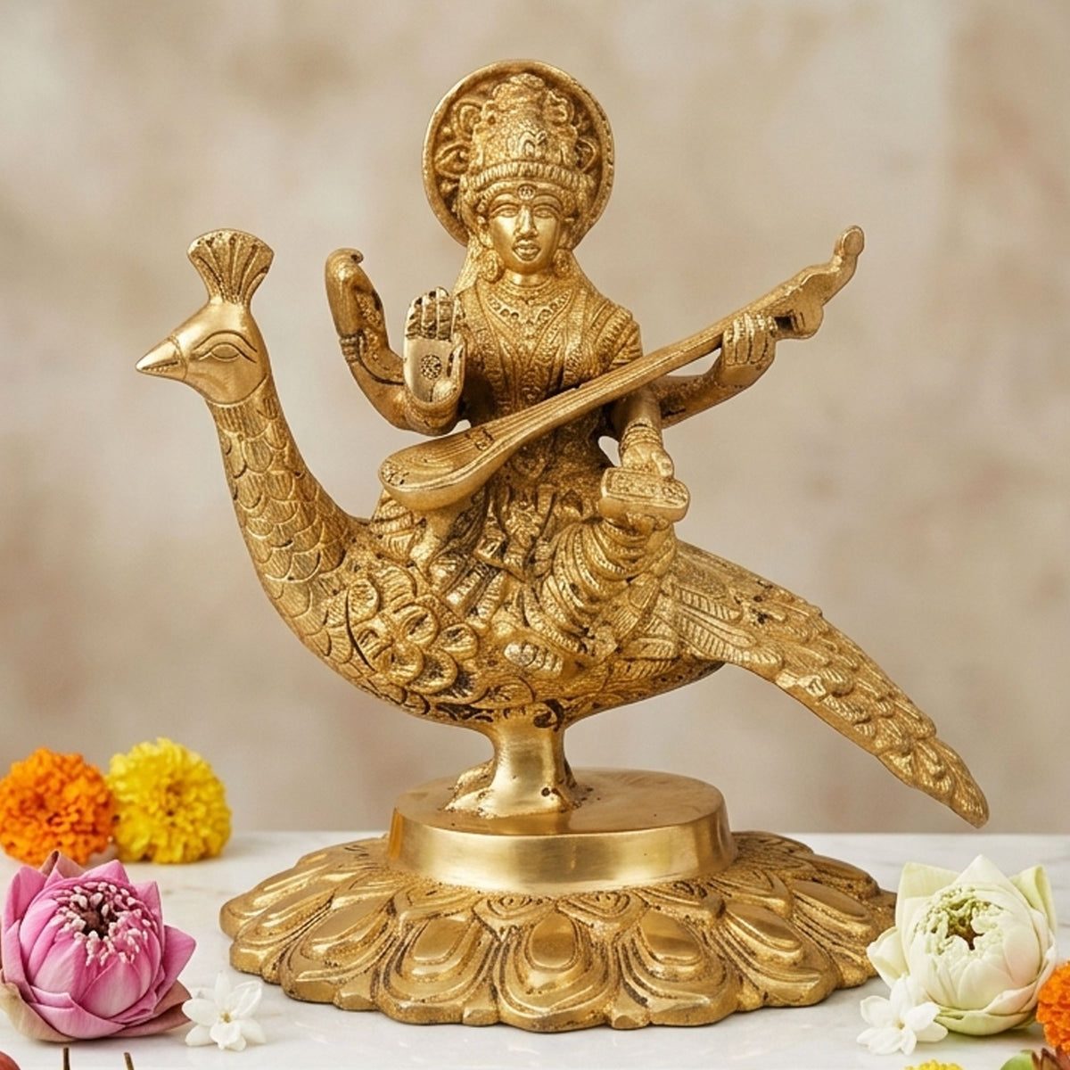 Brass Saraswati on Peacock-6.7*4.5*6.6  (BS931 B)