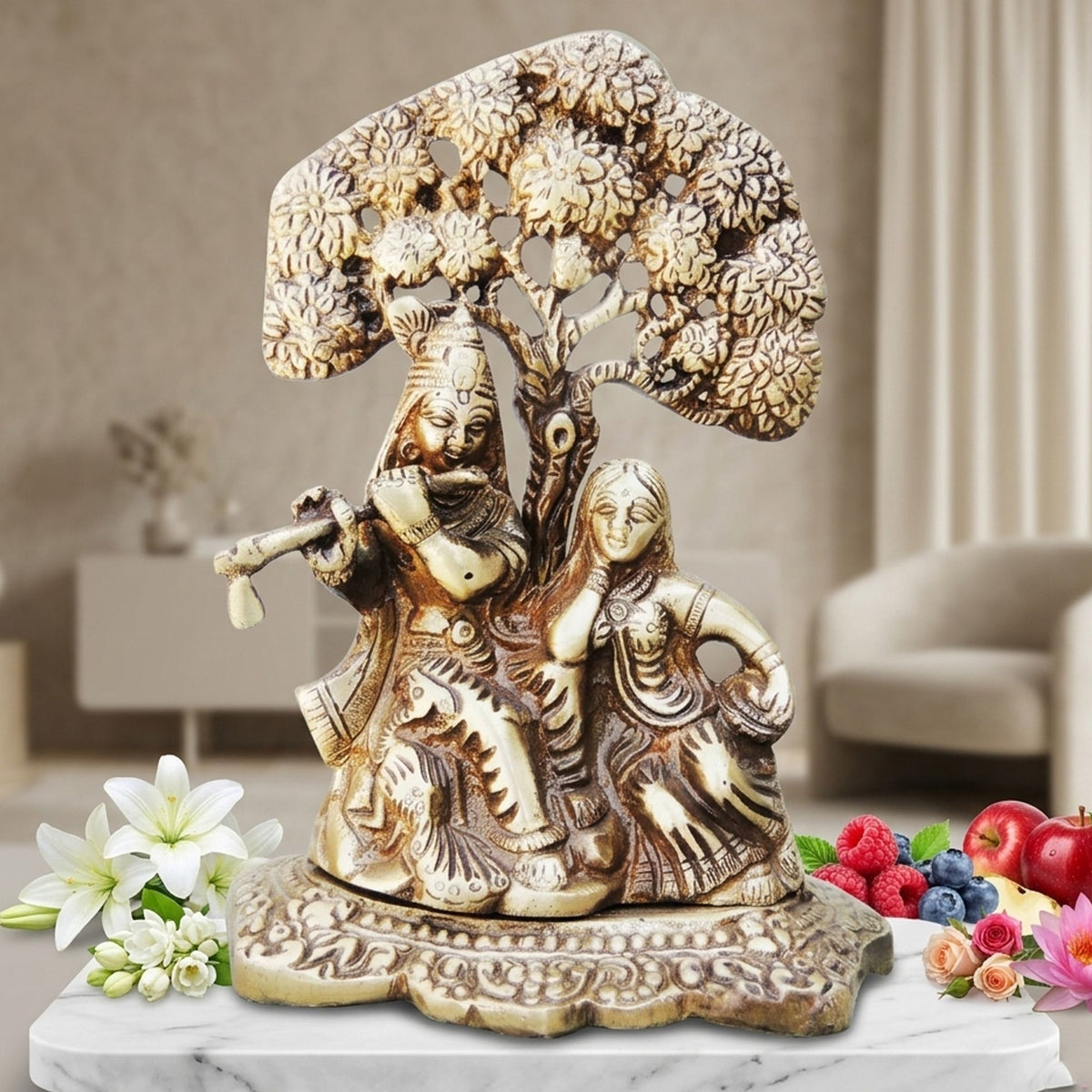 Brass Showpiece Radha Krishna With Tree Statue - 4.7*3*6.5 Inch (BS962 A)