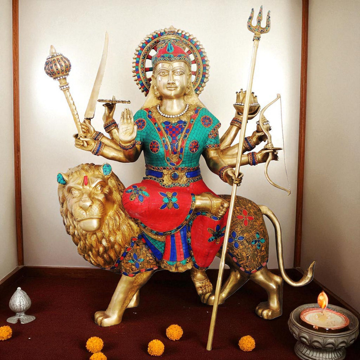 Brass Showpiece Durga Ji God Idol Statue - 31x13.5x35.3 Inch (BS978 E)