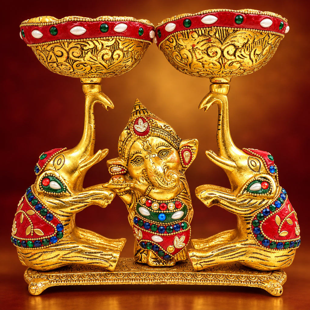 Aluminium Showpiece Double Bowl With Ganesh & Elephant - 9*4*8.5 Inch (AS509 X)