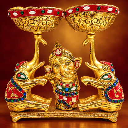 Aluminium Showpiece Double Bowl With Ganesh & Elephant - 9*4*8.5 Inch (AS509 X)