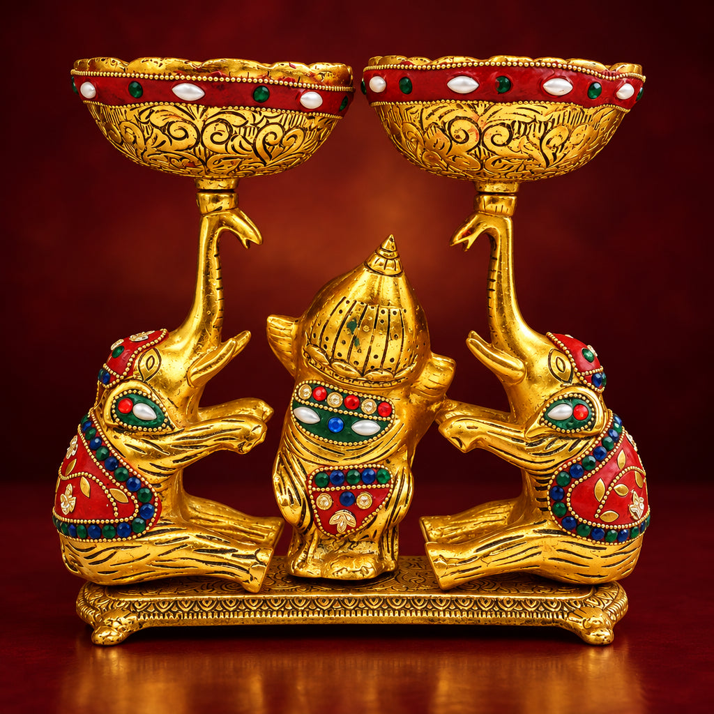 Aluminium Showpiece Double Bowl With Ganesh & Elephant - 9*4*8.5 Inch (AS509 X)