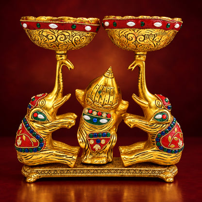 Aluminium Showpiece Double Bowl With Ganesh & Elephant - 9*4*8.5 Inch (AS509 X)