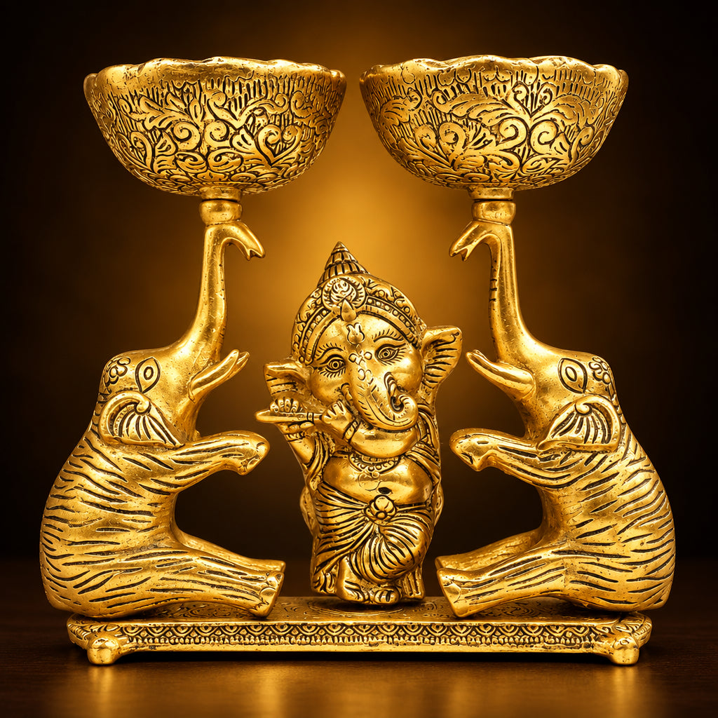 Aluminium Showpiece Double Bowl With Ganesh & Elephant - 9*4*8.5 Inch (AS509 G)
