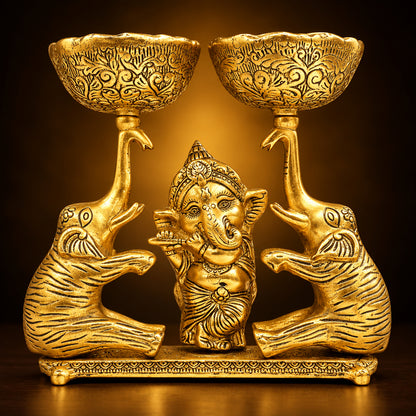 Aluminium Showpiece Double Bowl With Ganesh & Elephant - 9*4*8.5 Inch (AS509 G)