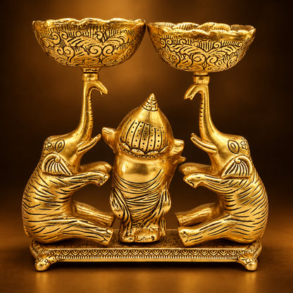 Aluminium Showpiece Double Bowl With Ganesh & Elephant - 9*4*8.5 Inch (AS509 G)