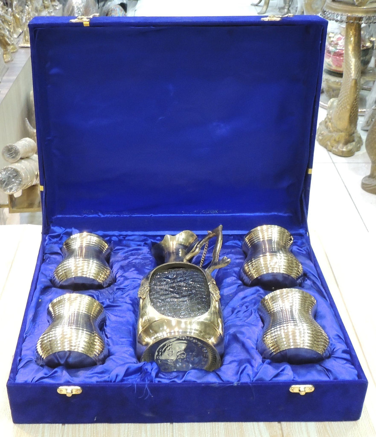 Brass Showpiece Antique Jug With 4 Glass Diwali Gifting Item - 4*3.5*9.5 Inch (B309 B)