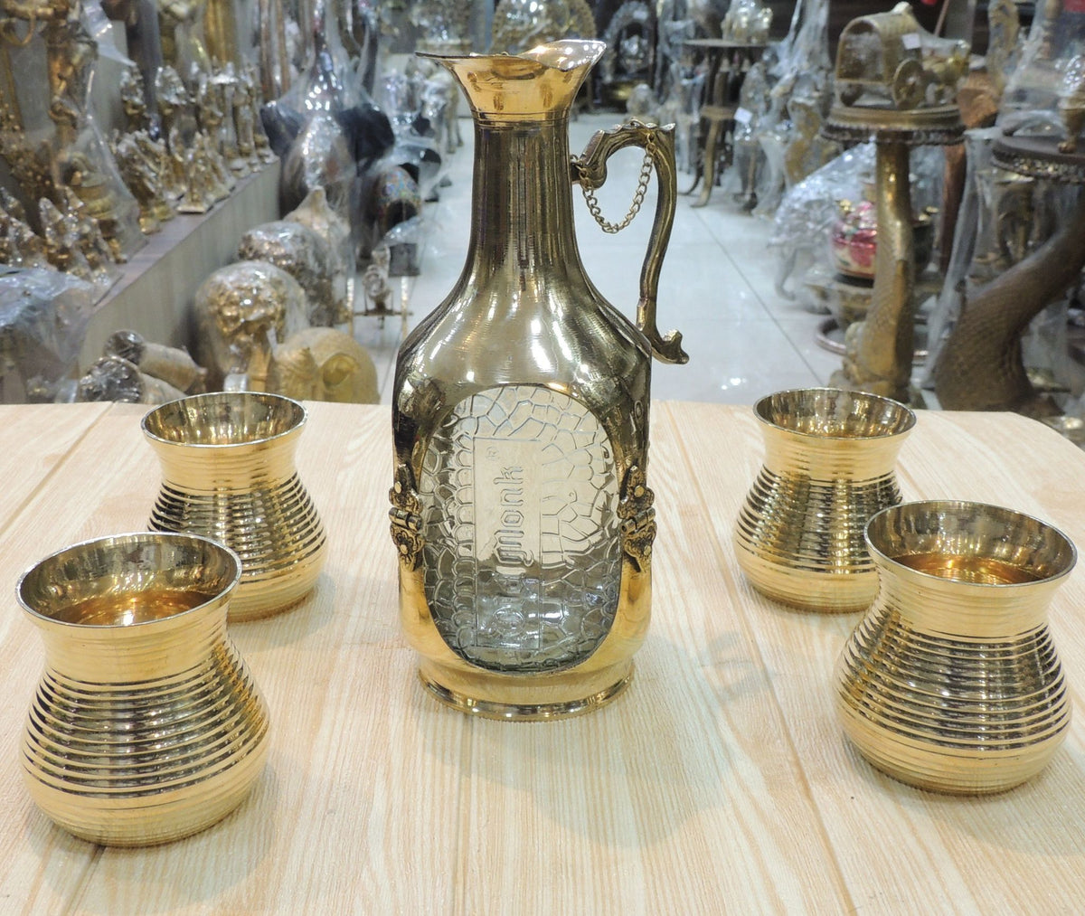 Brass Showpiece Antique Jug With 4 Glass Diwali Gifting Item - 4*3.5*9.5 Inch (B309 B)