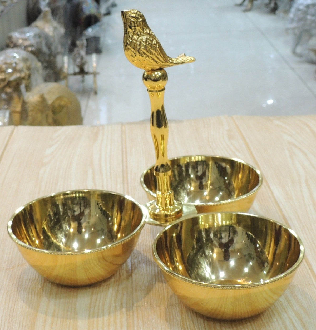 Brass Showpiece 3 Bowl Holder With Bird Diwali Gifting Item - 7.5*7.5*7 Inch (B312 A)