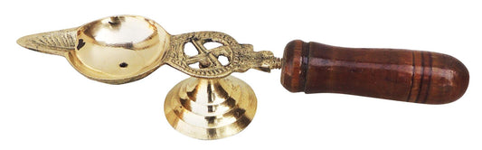 Brass Table Decor Oil Lamp Deepak With Wooden Handle  - 6.3*1.4*1 inch (F363 A)