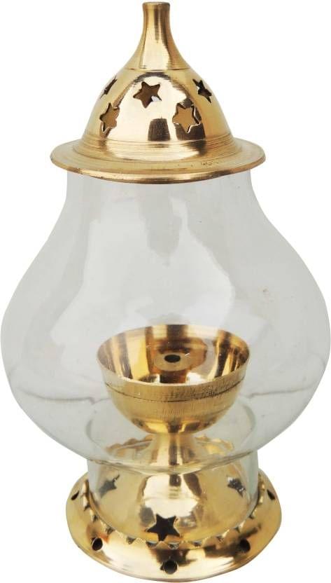 Brass Table Decor Oil Lamp Deepak With Chimney - 3.2*3.2*5.2 inch (F366 B)