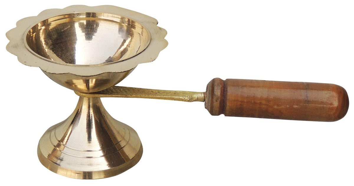 Brass Table Decor Oil Lamp Deepak With Wooden Handle- 6*2.8*2.3 inch (F627 C)
