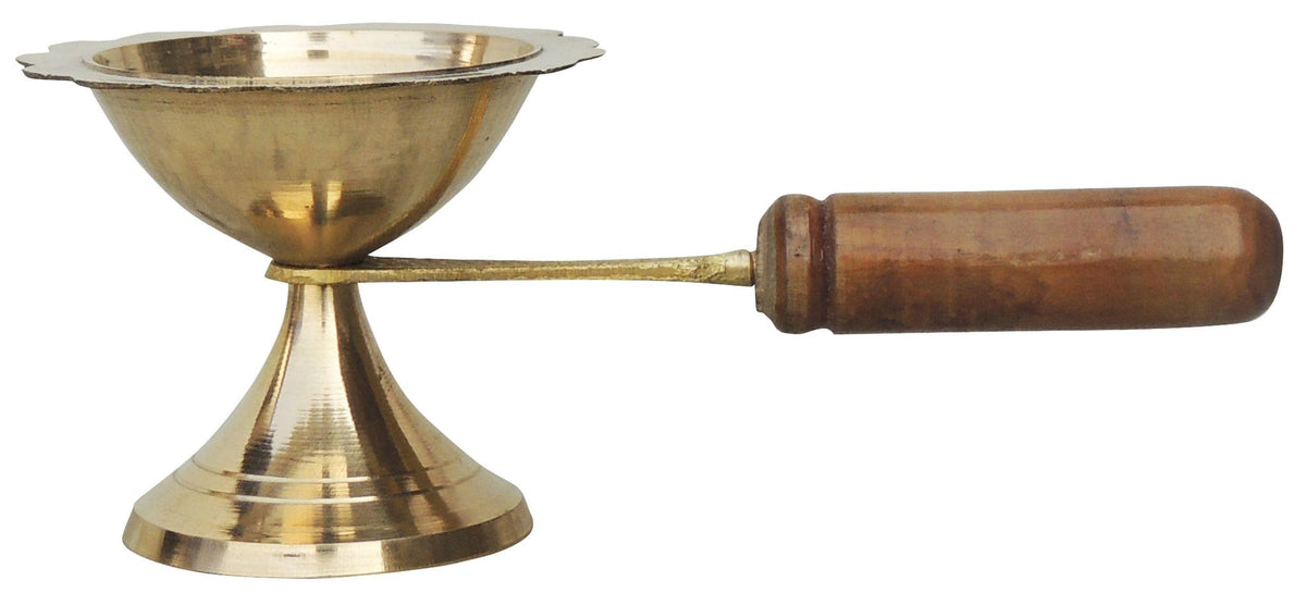 Brass Table Decor Oil Lamp Deepak With Wooden Handle- 6*2.8*2.3 inch (F627 C)