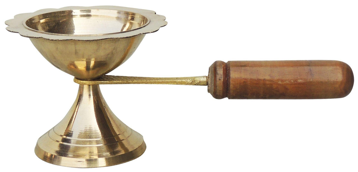 Brass Table Decor Oil Lamp Deepak With Wooden Handle- 6*2.8*2.3 inch (F627 C)