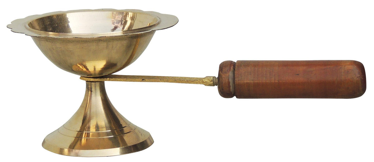 Brass Table Decor Oil Lamp Deepak With Wooden Handle   - 7.3*3.5*2.6 inch (F627 D)