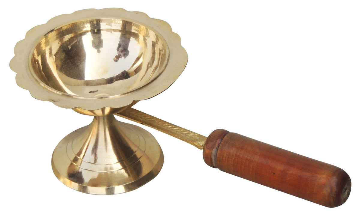 Brass Table Decor Oil Lamp Deepak With Wooden Handle   - 7.3*3.5*2.6 inch (F627 D)