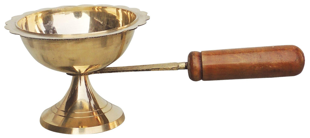 Brass Table Decor Oil Lamp Deepak With Wooden Handle - 7.8*4*2.7 Inch (F627 E)