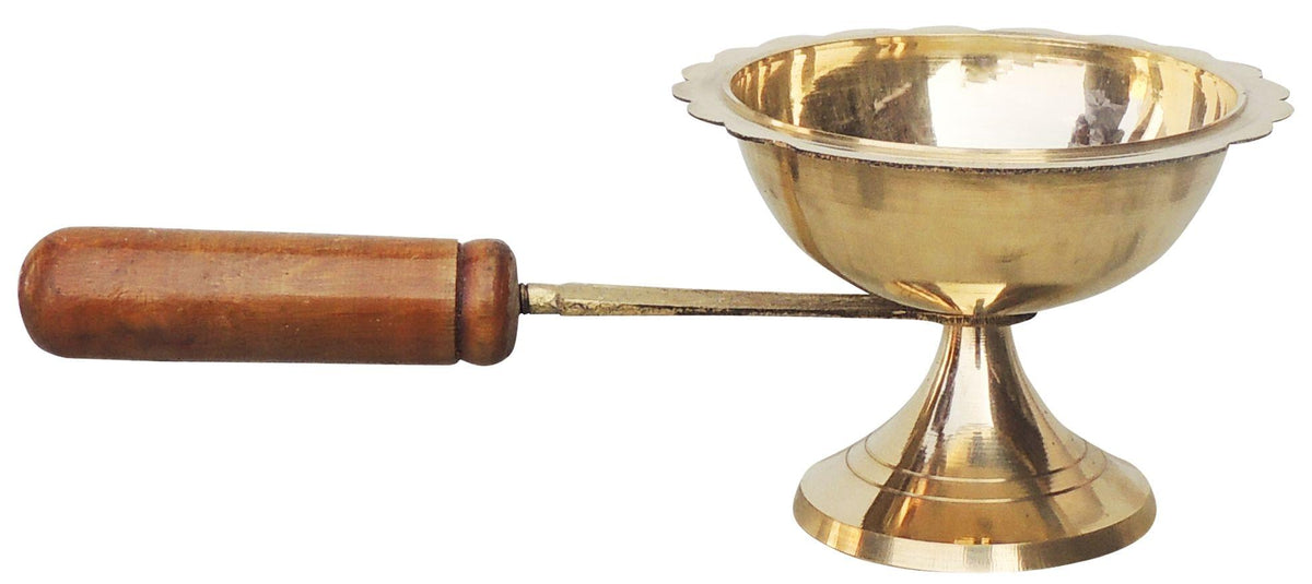 Brass Table Decor Oil Lamp Deepak With Wooden Handle - 7.8*4*2.7 Inch (F627 E)