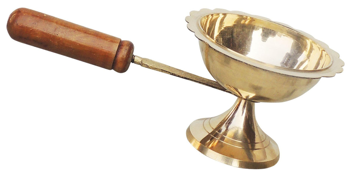 Brass Table Decor Oil Lamp Deepak With Wooden Handle - 7.8*4*2.7 Inch (F627 E)