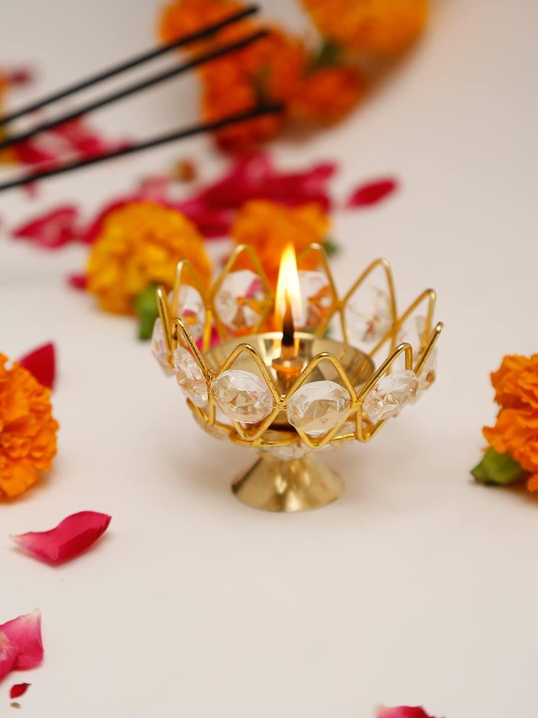 Brass Table Decor Oil Lamp Deepak With Crystal - 3.6*3.6*2.1 inch (Z139 C)