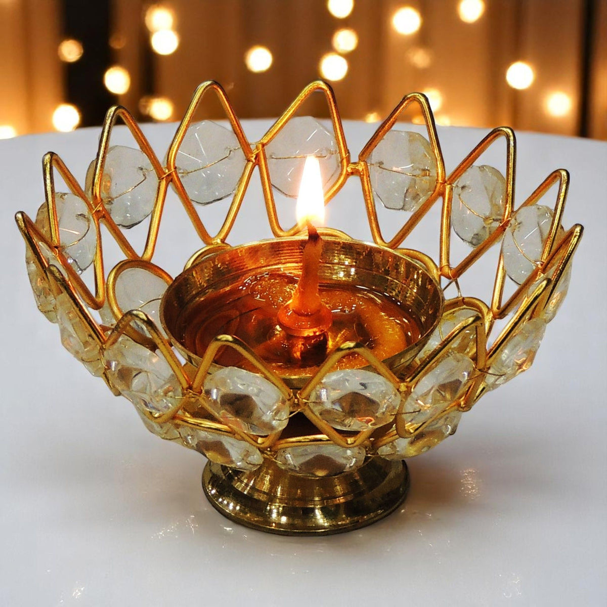Brass Table Decor Oil Lamp Deepak With Crystal - 3.6*3.6*2.1 inch (Z139 C)