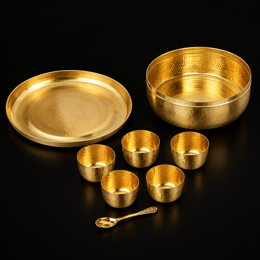 Handcrafted Brass Spice Box Masala Box Set With Spoon [8.5 inch, 7 Containers, 150 ML] (Z467 P)