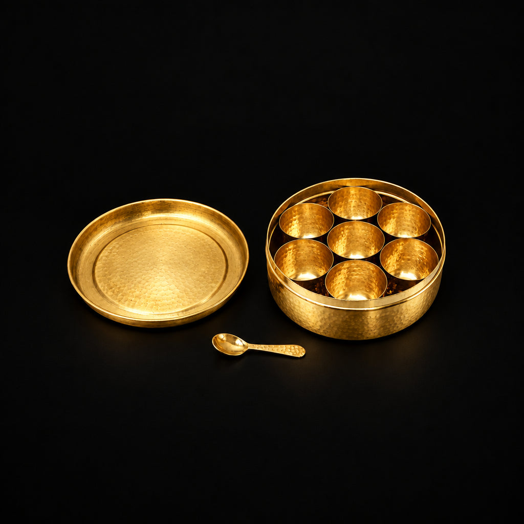 Handcrafted Brass Spice Box Masala Box Set With Spoon [7.6 inch, 7 Containers, 150 ML] (Z467 Q)