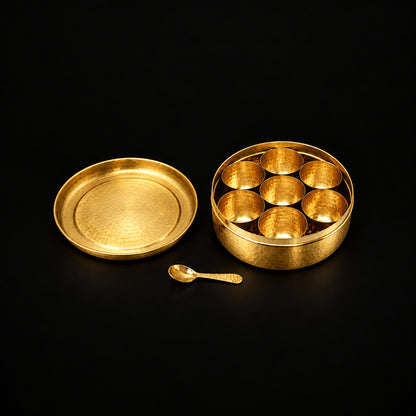 Handcrafted Brass Spice Box Masala Box Set With Spoon [7.6 inch, 7 Containers, 150 ML] (Z467 Q)