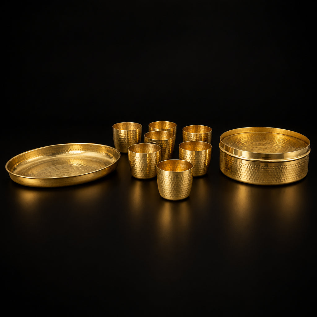 Handcrafted Brass Spice Box Masala Box Set With Spoon [7.6 inch, 7 Containers, 150 ML] (Z467 Q)